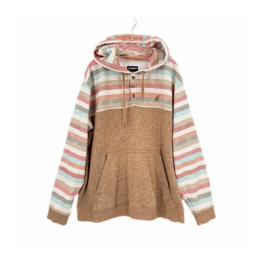Hooey Men's XXL Jimmy Tan Striped Hoodie Henley Western Casual School Sweatshirt